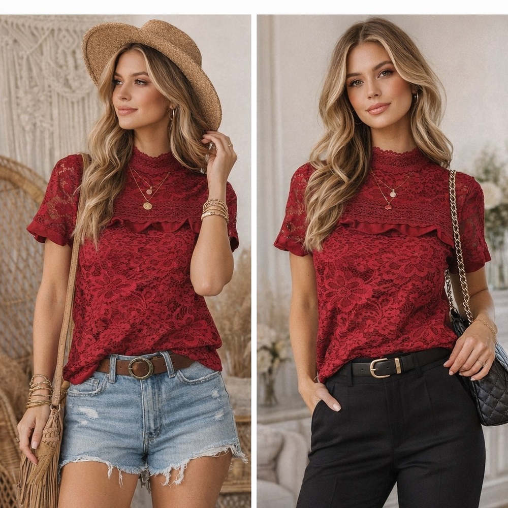 Women’s S Gibson floral red laced short sleeved top